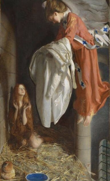 A woman with long red hair kneeling in a prison cell looks up with wonder at an angel holding a white garment