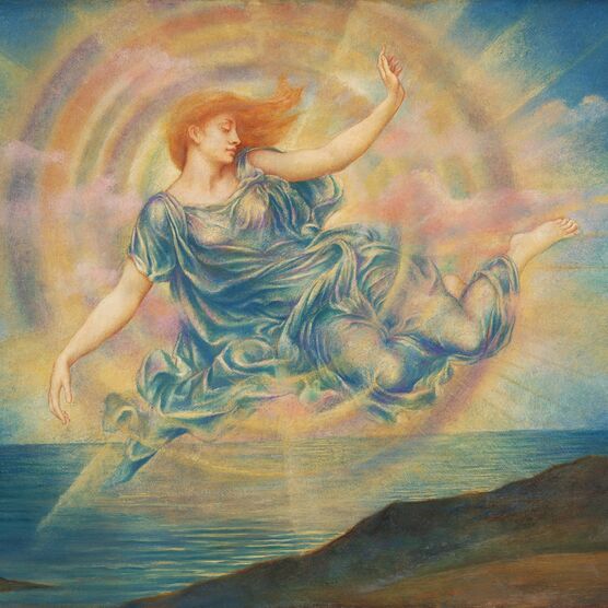 A woman in a blue translucent robe floats in a star over the ocean