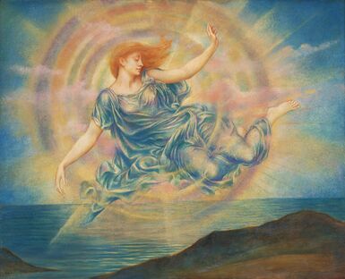 A woman in a blue translucent robe floats in a star over the ocean