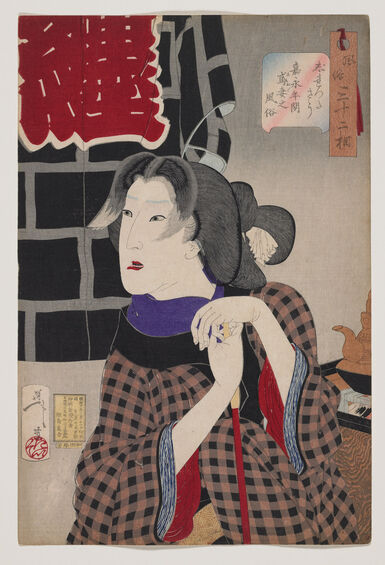 Japanese woodblock print of a wife waiting for her fireman husband to come home