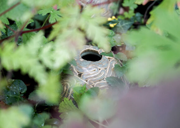 A ceramic dome placed on the ground within vegetation