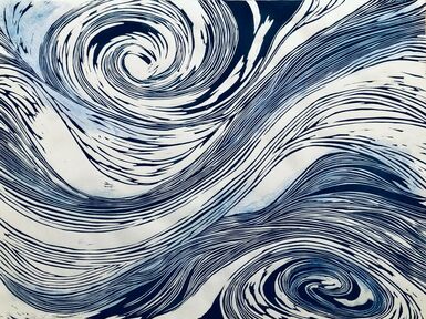 Woodblock print artwork of swirling blues and whites by artists Hiroko Imada