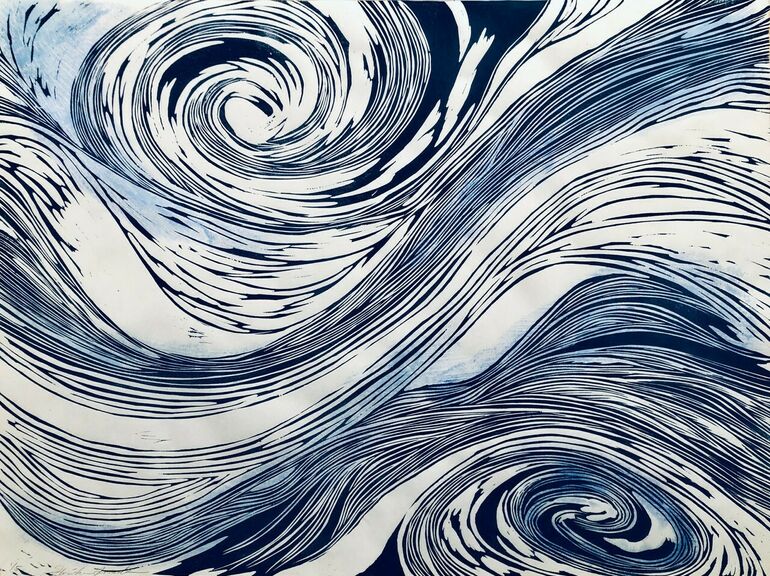 Woodblock print artwork of swirling blues and whites by artists Hiroko Imada