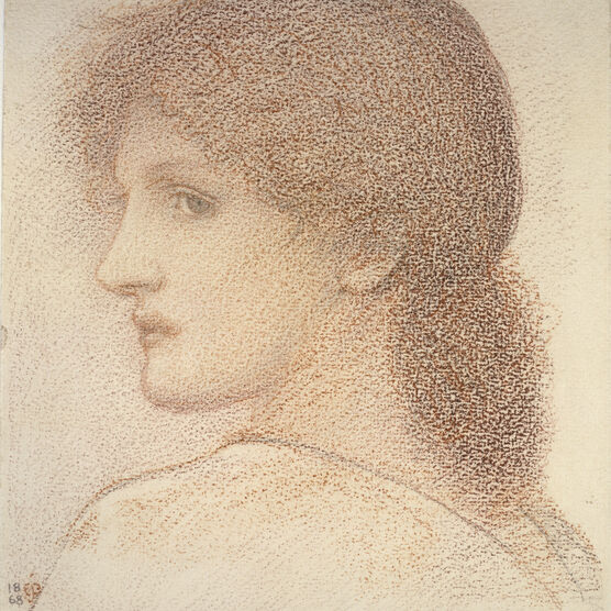 A red pencil sketch of a young women with frizzy red hair looking sideways towards the artist