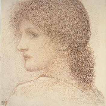 A red pencil sketch of a young women with frizzy red hair looking sideways towards the artist