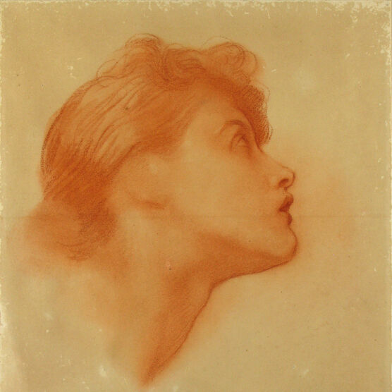 A red pencil sketch of a woman looking up