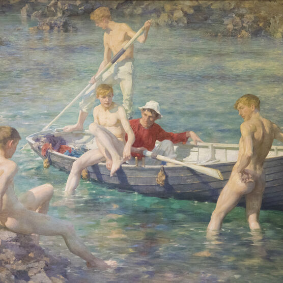An oil painting of a group of young men playing in a small row boat and the water and rocks
