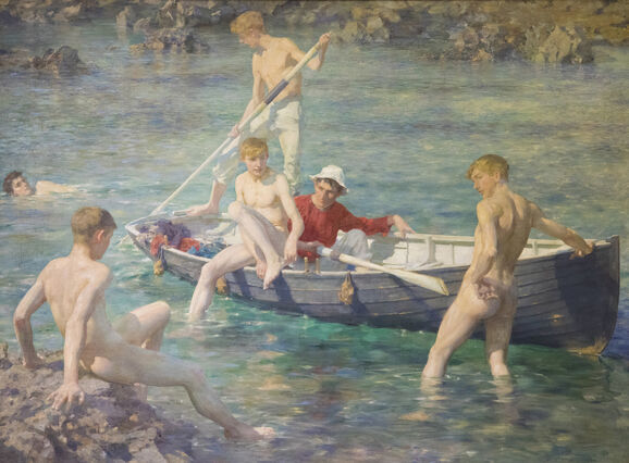 An oil painting of a group of young men playing in a small row boat and the water and rocks