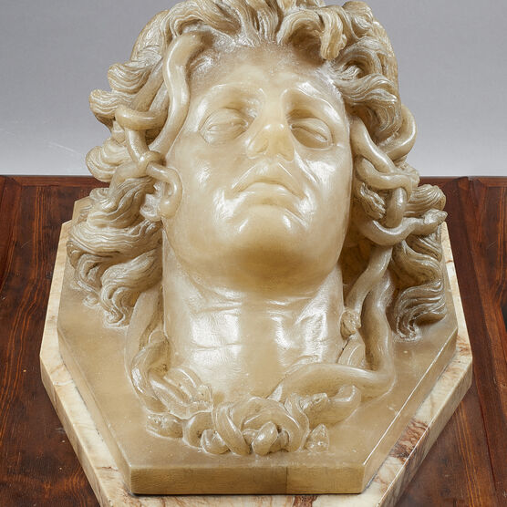 Carved severed head of Medusa from above