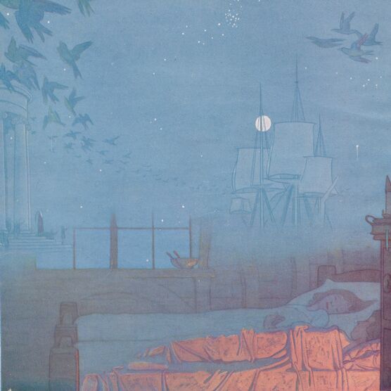 Painting of dreamlike scene with blue birds and a child sleeping