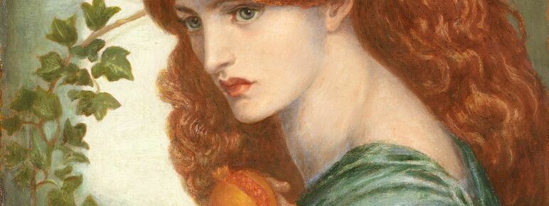 Painting of a red-haired woman in a green flowy dress, holding a pomegranate up to her chest with both of her hands.