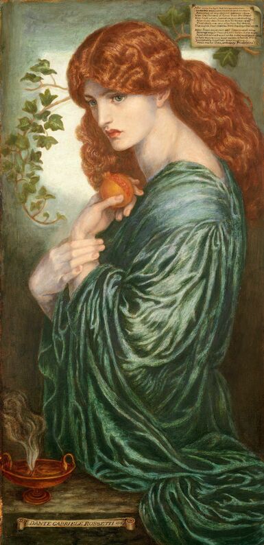 Painting of a red-haired woman in a green flowy dress, holding a pomegranate up to her chest with both of her hands.
