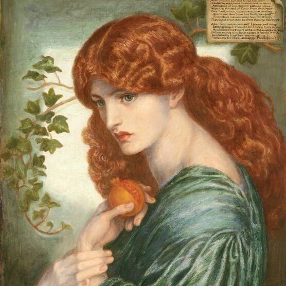 Painting of a red-haired woman in a green flowy dress, holding a pomegranate up to her chest with both of her hands.