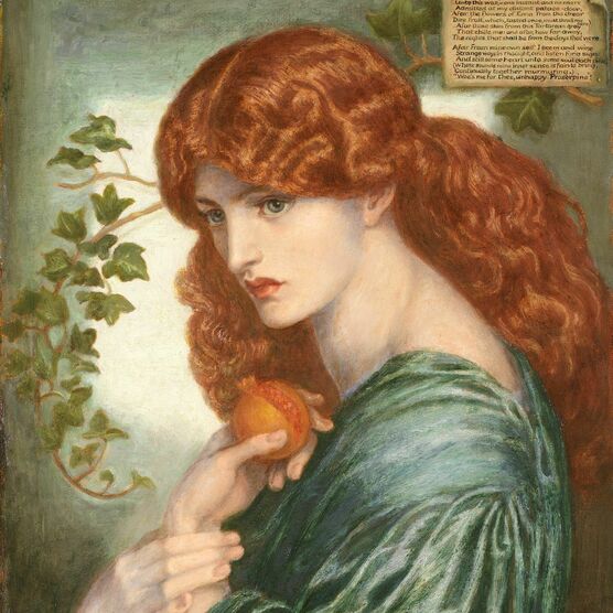 Painting of a red-haired woman in a green flowy dress, holding a pomegranate up to her chest with both of her hands.