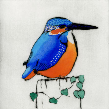 Painting of a kingfisher perched on a leafy log