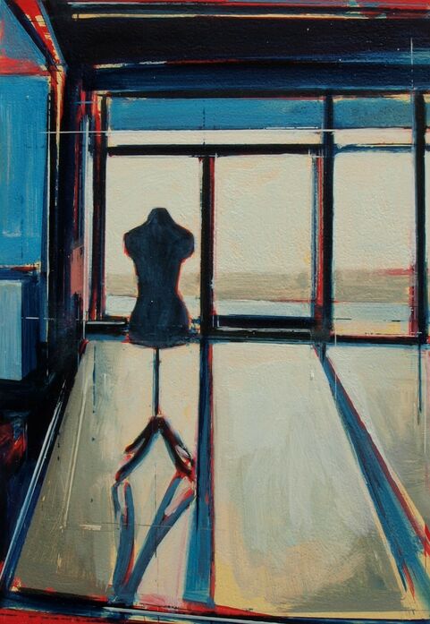 Painting with dressmaking mannequin and window behind
