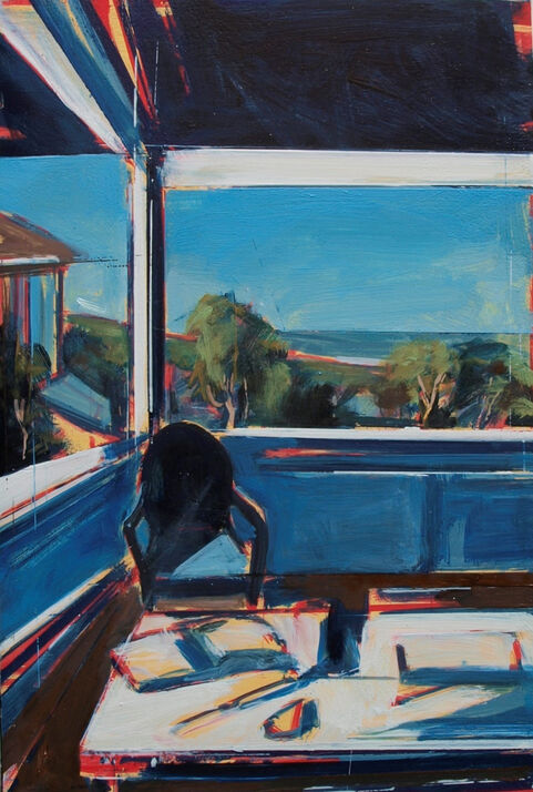 Painting with a desk, chair and window view
