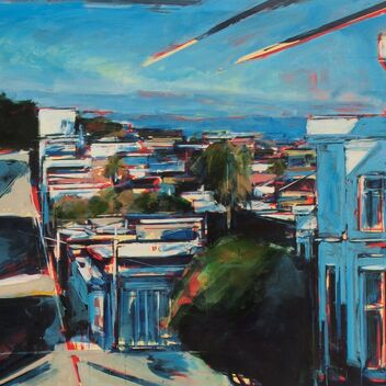 Acrylic painting of a vista in San Francisco from the top of a road looking down, painted in an abstract style