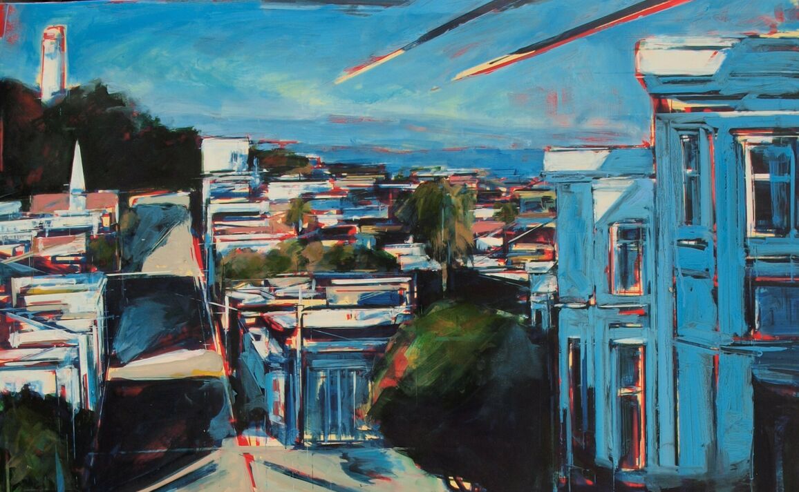 Acrylic painting of a vista in San Francisco from the top of a road looking down, painted in an abstract style