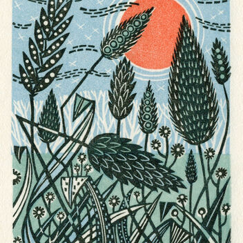 Wood engraving artwork that shows a bright orange sun behind grasses by artist Angie Lewin
