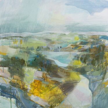 Acrylic painting by Fiona Millais of a landscape with shades of greens and orange