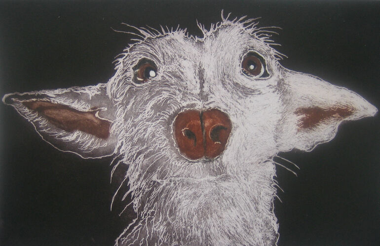 Etching of a white dog on a black background