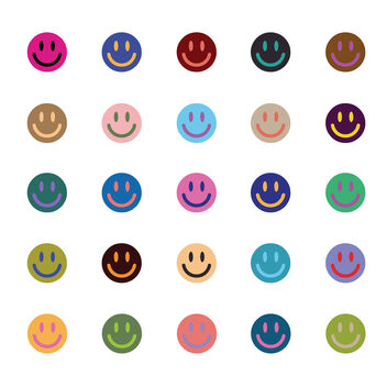 A series of smiley faces in varied colours positioned equal distance apart in rows on a white background