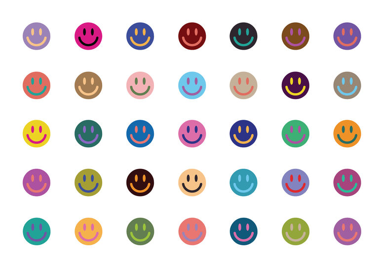 A series of smiley faces in varied colours positioned equal distance apart in rows on a white background