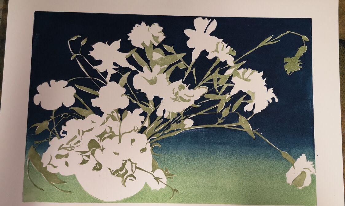 Two layers of Carnations, the ombre background and the green stems