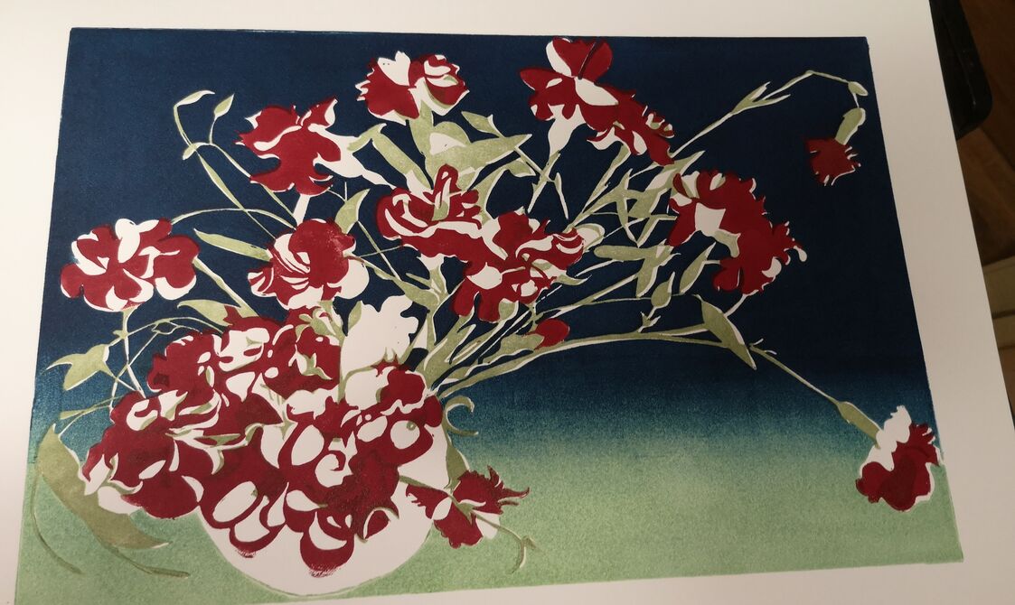 Four layers of paint on carnations, only the vase and the darkest red have not been printed