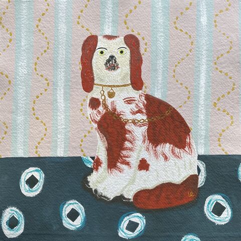 Painting of a brown and white spaniel porcelain figure with a navy and pink background