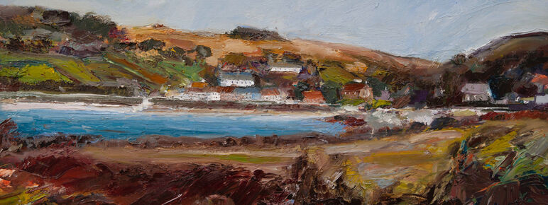 Impressionist-style oil painting of a rural coastal landscape with fields and hills in the distance