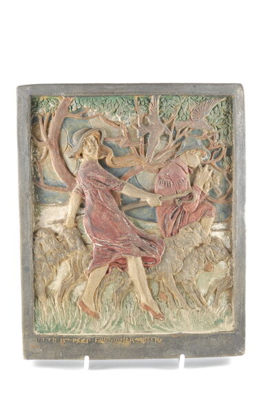 A multi-coloured ceramic plaque featuring a women in a red dress and a man playing a pipe