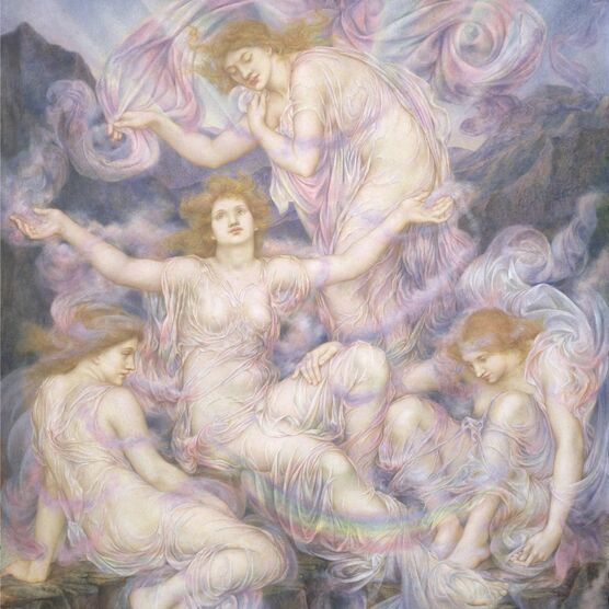 Painting featuring three daughters amongst clouds and rainbows