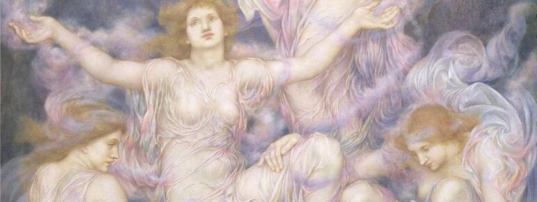 Painting featuring three daughters amongst clouds and rainbows