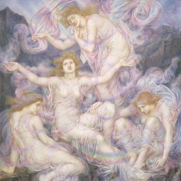 Painting featuring three daughters amongst clouds and rainbows