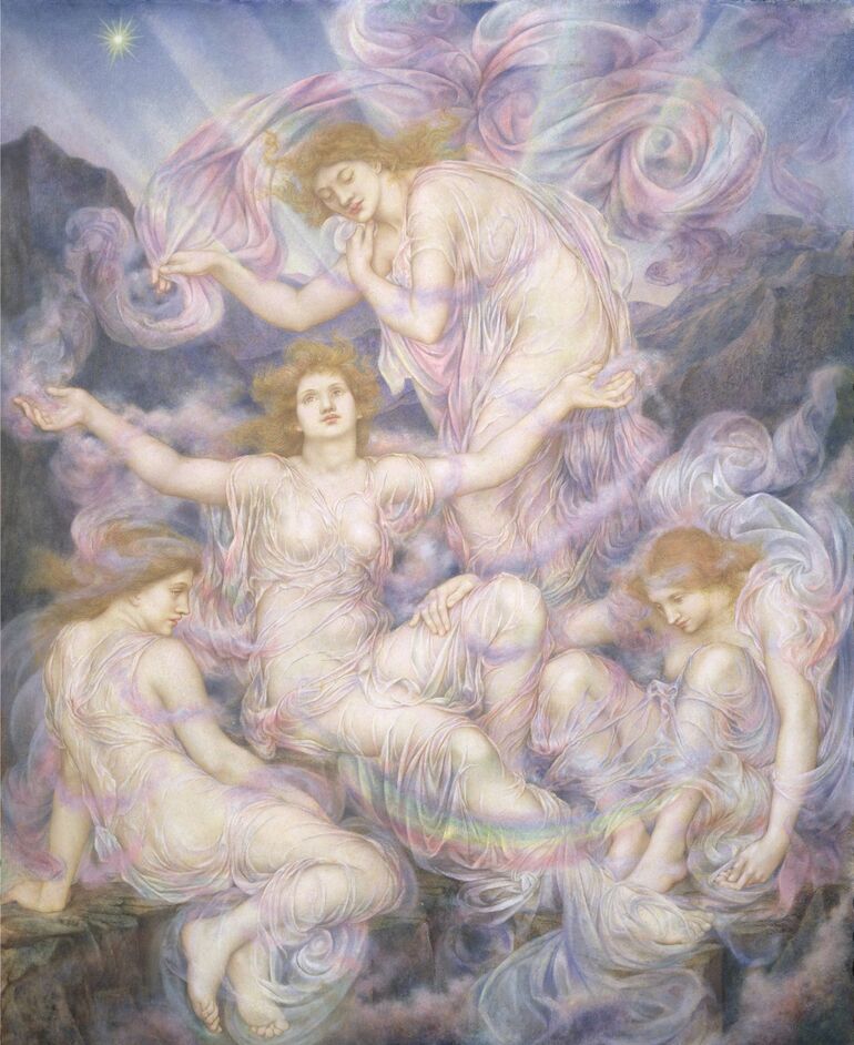 Painting featuring three daughters amongst clouds and rainbows