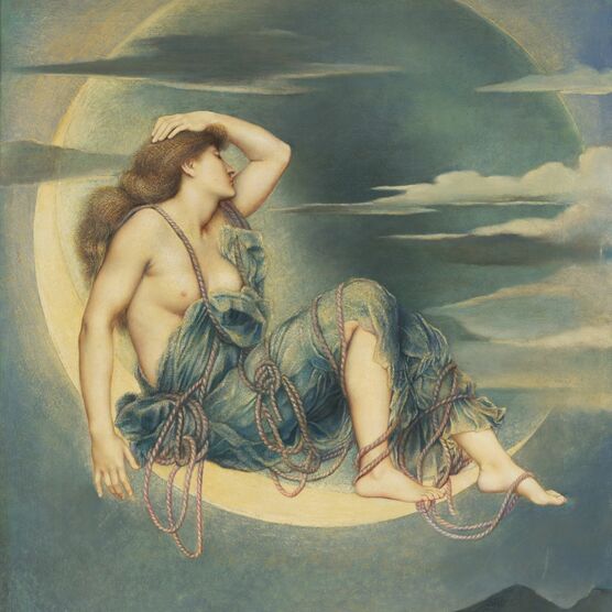 A woman in the sky sitting on a crescent moon