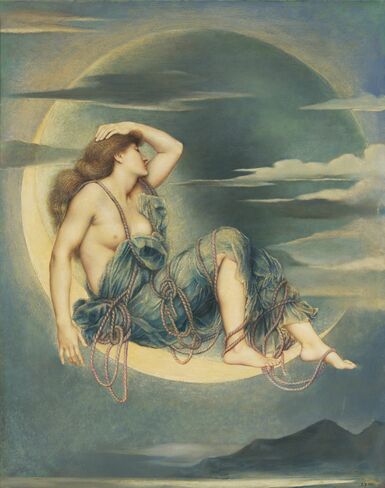 A woman in the sky sitting on a crescent moon