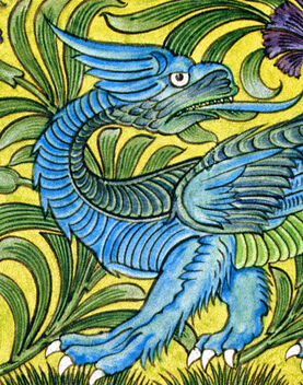 A set of decorative tiles depicting a blue dragon on a yellow background surrounded by purple flowers and green stalks