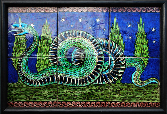 Earthenware tile panel decorated with a polychrome design consisting of six 6″ tiles in a wooden frame. The pattern costs of a snake and cypress trees against a starry sky.