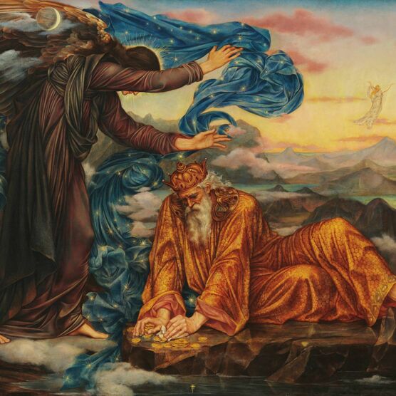 an aged king broods over his hoard of gold, while the dark Angel of Death approaches,