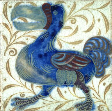 6 inch earthenware tile decorated with a multi-lustre Dodo on an engobe ground