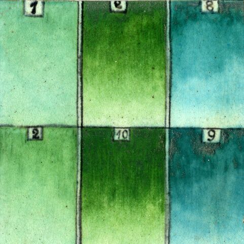 6 patches of colour varying from green to blue