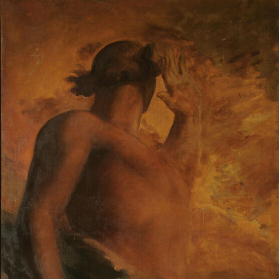 Oil painting of a figure surrounded by flame turned away