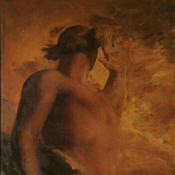 Oil painting of a figure surrounded by flame turned away