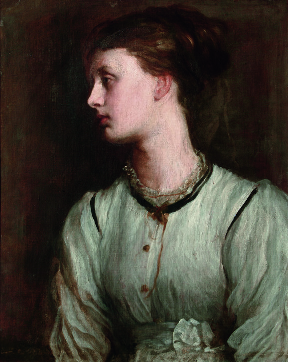 Painting of a young woman in a white blouse looking to the left