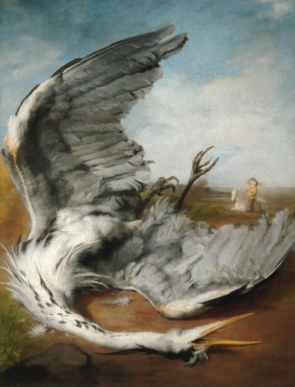 Oil painting of a wounded heron on the floor