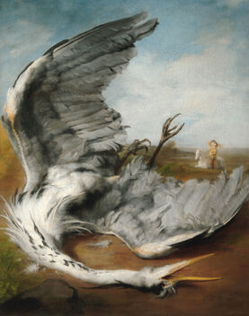 Oil painting of a wounded heron on the floor