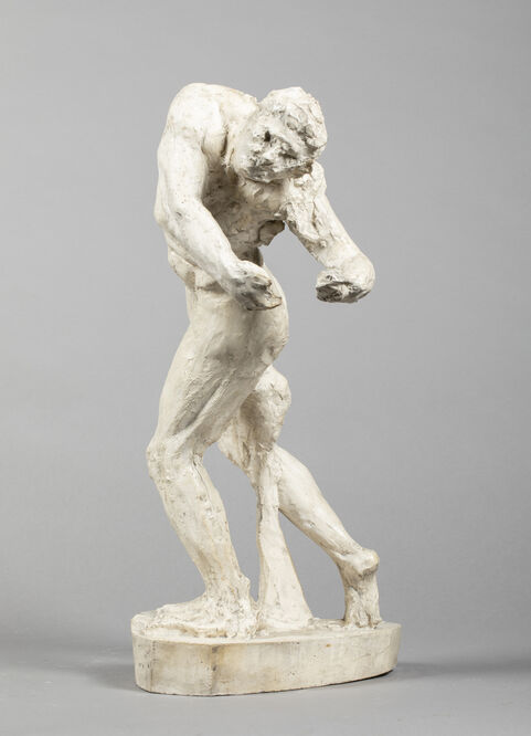 Plaster study of Orpheus, a male figure twists his body with arms outstretched